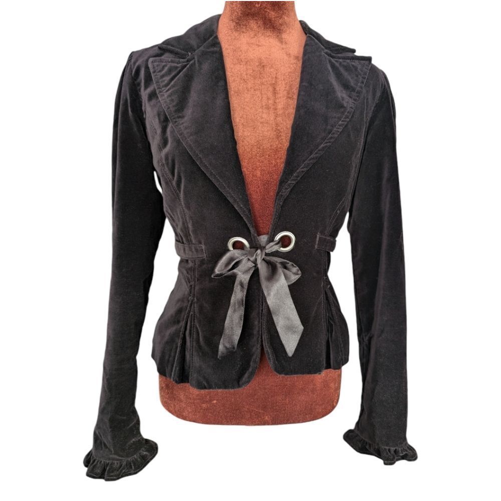 DKNY black cotton velvet frilly blazer size S slim fit ribbon tie